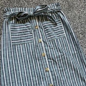 Blue Rain MIDI Striped Skirt Pockets Buttons Tie Waist Size Small‎
